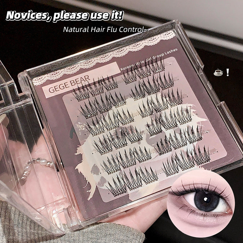 Eyelash packaging with false eyelashes and a close-up of an eye wearing them, labeled 'GEGE BEAR'.