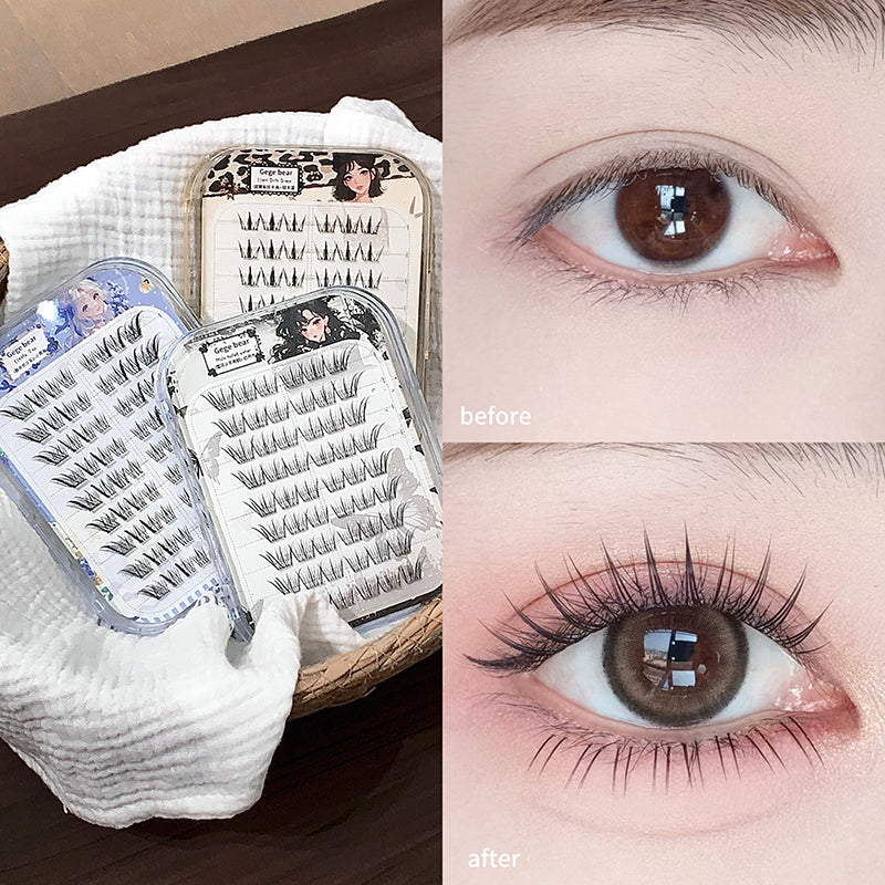 False eyelashes packaging with a 'before' and 'after' comparison of an eye wearing the lashes.