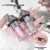 Pink glittery lip gloss with silver cap held by a hand, close-up of eye with glitter on eyelashes.