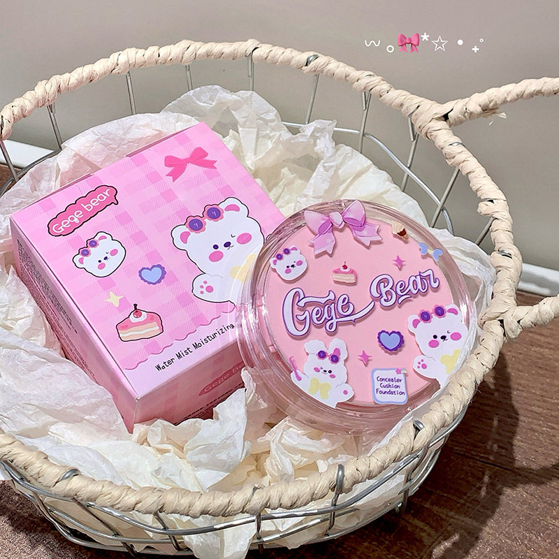 Pink cosmetic products with 'Geele Bear' branding in a wicker basket.