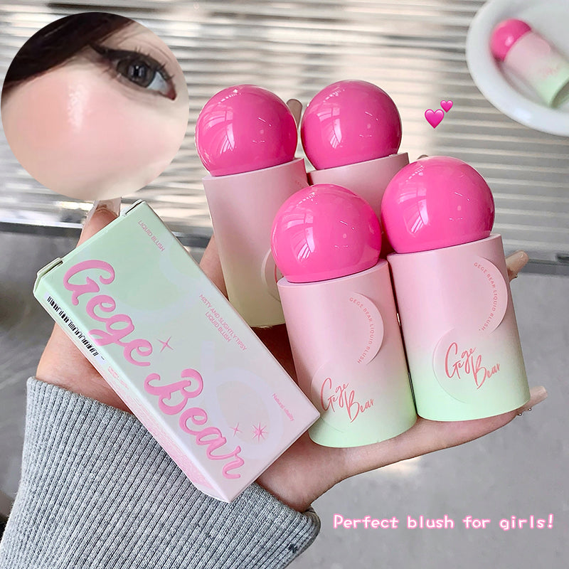 Hand holding pink and green cosmetic products with 'Gege Bear' branding.