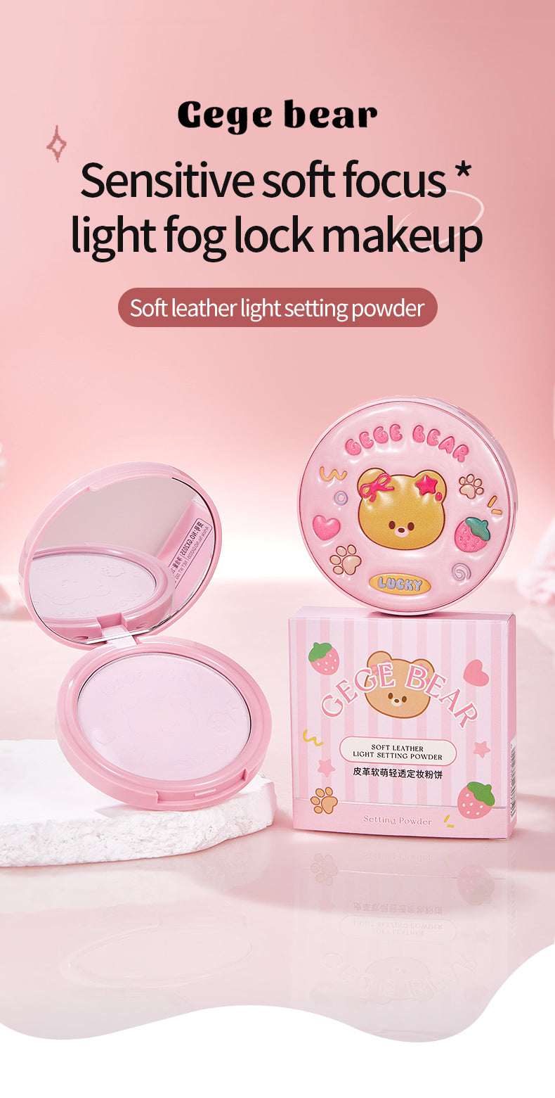 Gege bear makeup product with open case and packaging on a pink background