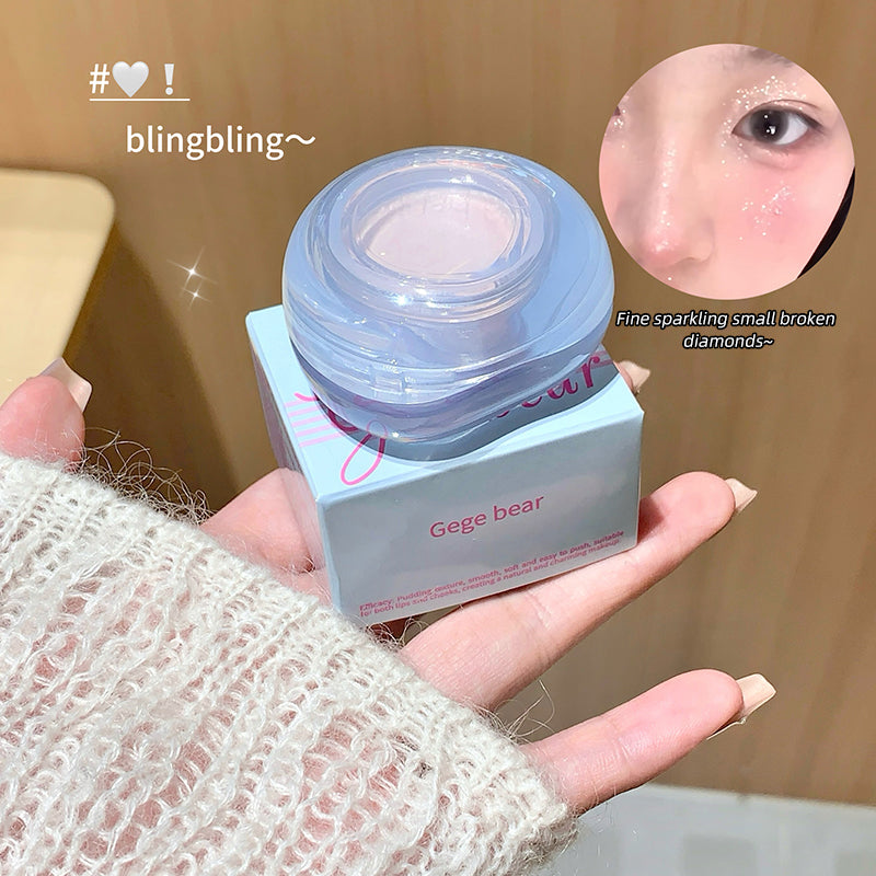Hand holding a Gege bear skincare product with close-up of skin texture.