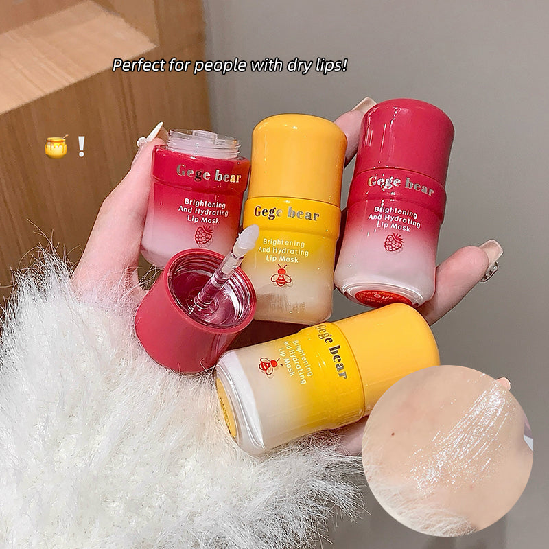 Hand holding four lip products with 'Geege bear' branding, one of which is open to show a sponge applicator.