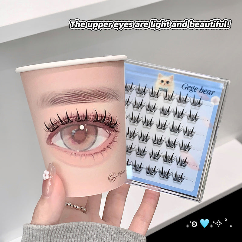 Eyelash extensions displayed on a cup and card with 'Gege bear' branding.