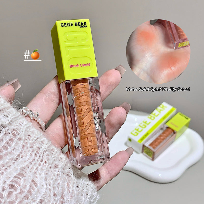 Blush liquid with yellow packaging held by a hand, close-up of product, and brand name 'GEGE BEAR' visible.