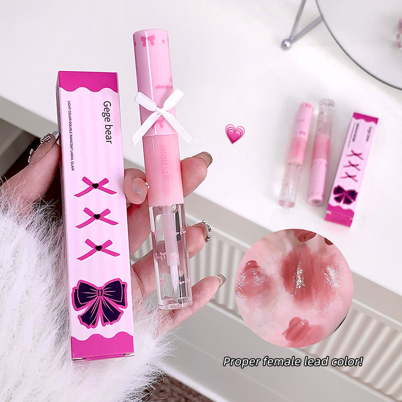 Pink lip gloss with packaging held by a hand, surrounded by additional lip glosses and a close-up of the product.