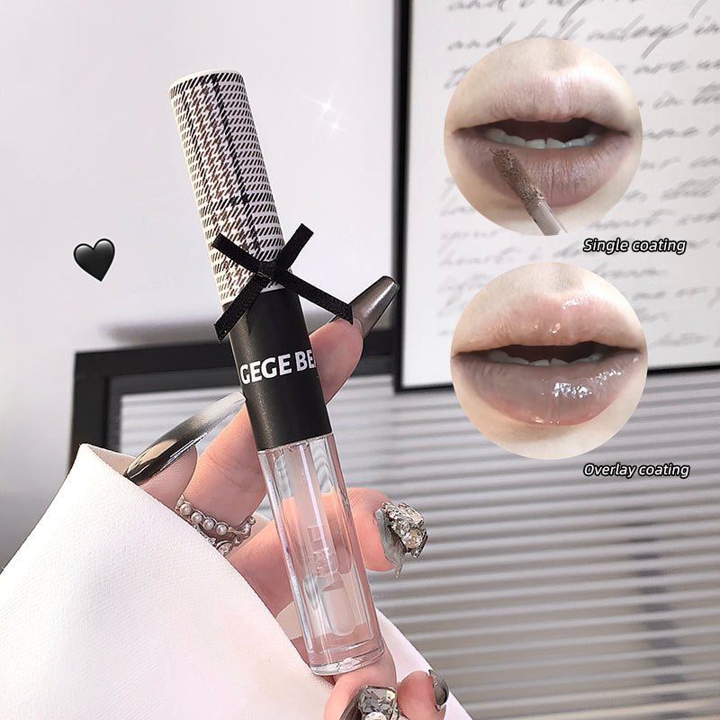 Lip gloss with a close-up of lips applying it, showing single and overlay coating effects.