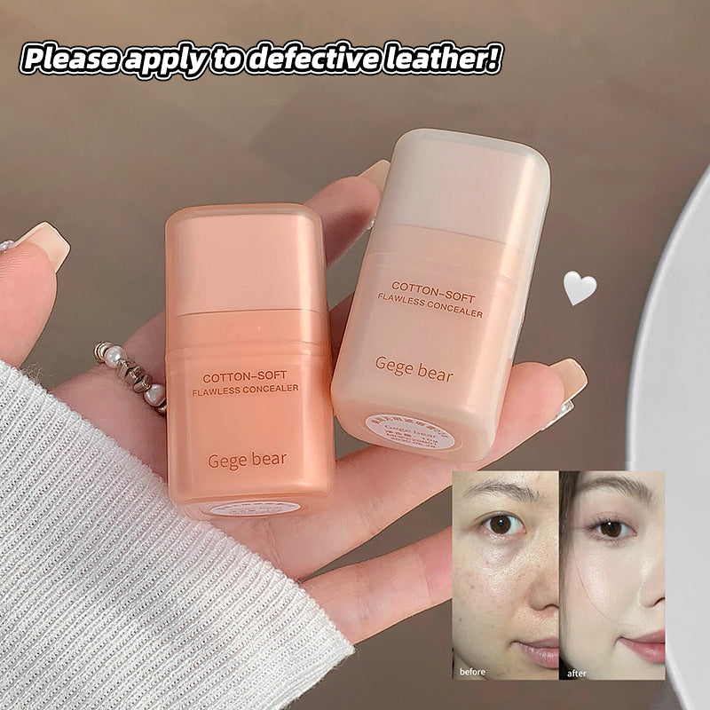 Two concealer bottles labeled 'Gegebear' held by a hand, with a comparison of before and after use on a face.