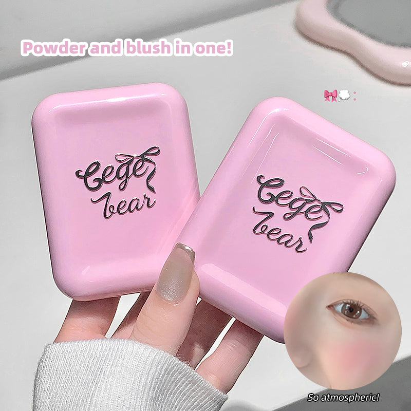 Two pink makeup compact cases with 'Cige bear' branding, held by a hand.