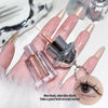 Nail art tool with glittery pink and gold design on a hand, close-up view.