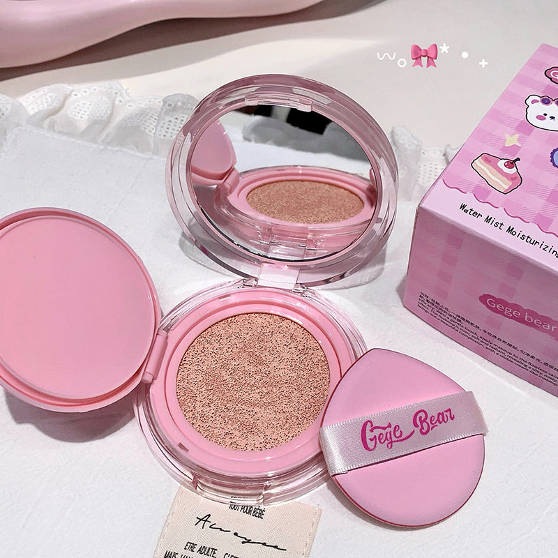 Pink compact powder with mirror and Gege Bear branding on a white background
