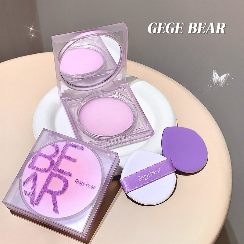 Pink and purple makeup product with 'GEGE BEAR' branding on a beige surface.