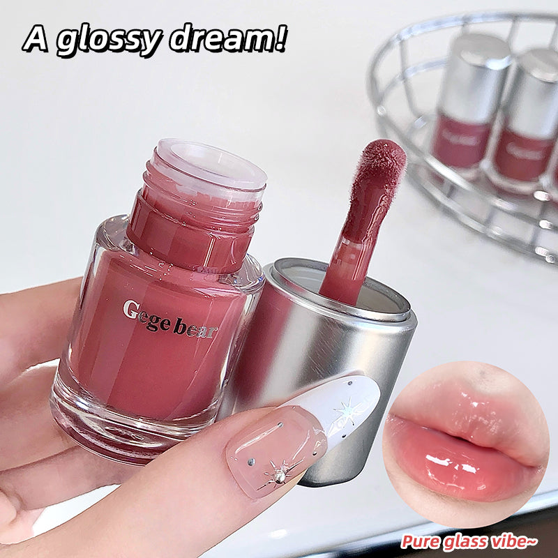 Lip gloss with applicator and close-up of lips wearing the product, branded 'Gegebear'.