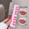 Lip gloss with 'GEGE BEAR' packaging held by a hand, showing matte and mirror effects on lips.