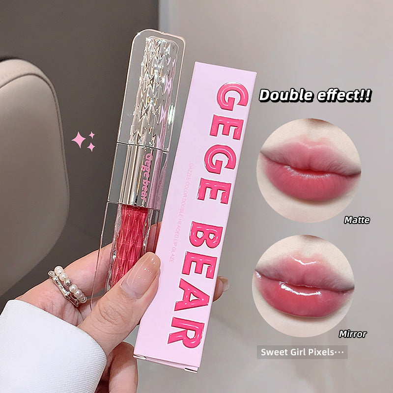 Lip gloss with 'GEGE BEAR' packaging held by a hand, showing matte and mirror effects on lips.