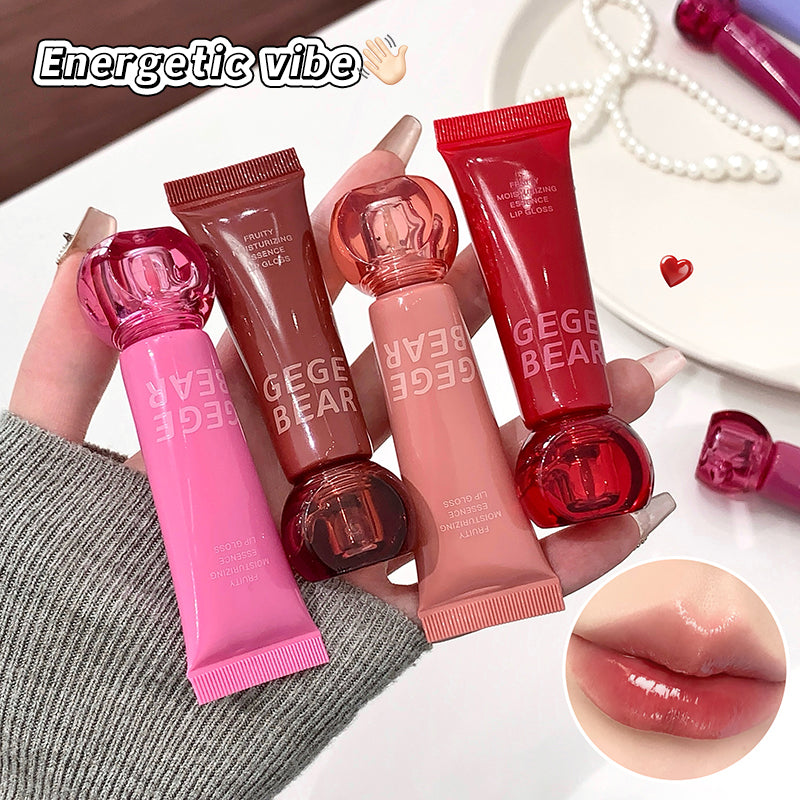 Lip balm tubes with 'GEGE BEAR' branding held by a hand, with a close-up of lips wearing the product.