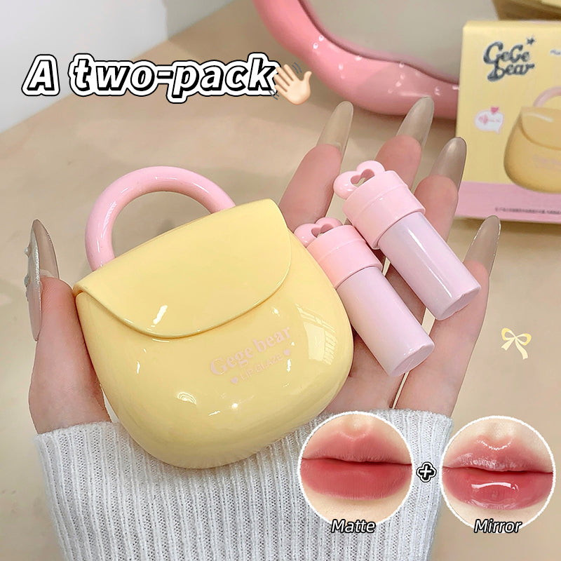 Two lip products in a yellow case held by a hand, with close-up shots of the lip products.