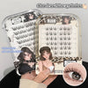 Packaging of glue-free false eyelashes with illustrations and text on a neutral background.