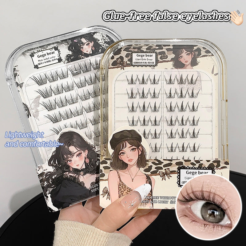 Packaging of glue-free false eyelashes with illustrations and text on a neutral background.