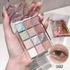 Makeup palette with 15 shades held by a hand, GEGBEAR brand visible, close-up of eye wearing makeup.