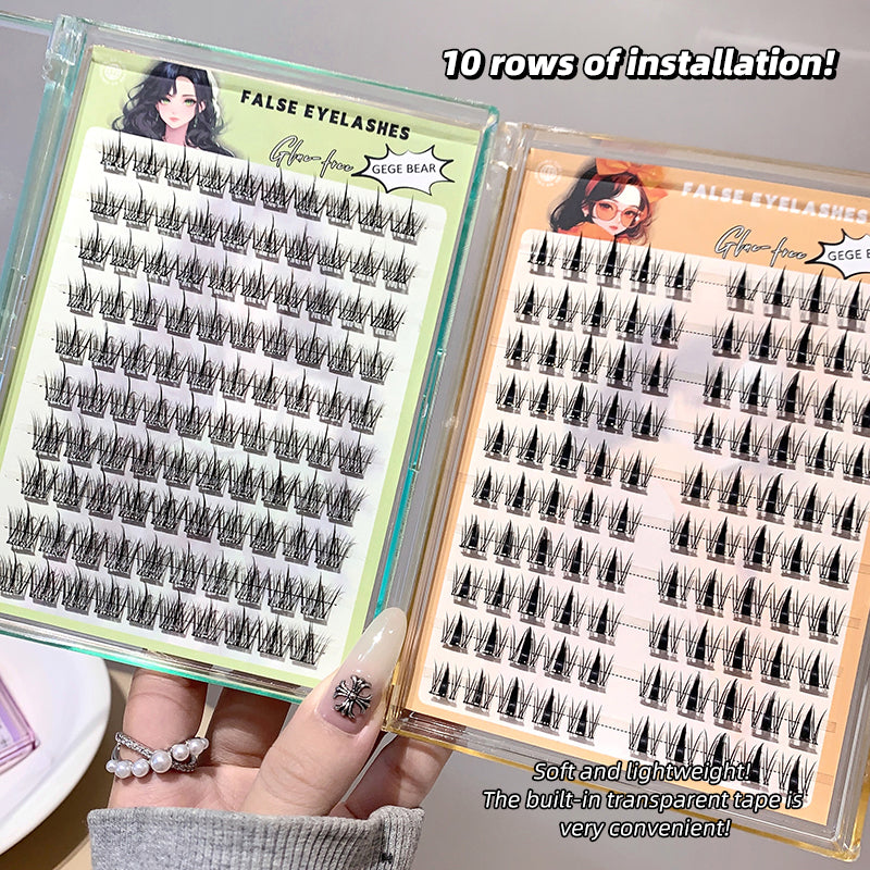 False eyelashes with 10 rows of installation held by a hand, showing product details and packaging.