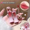 Pink lip gloss with rose gold accents held by a hand, close-up of lips with gloss applied, and text 'Great for summer!'.
