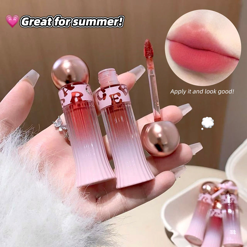 Pink lip gloss with rose gold accents held by a hand, close-up of lips with gloss applied, and text 'Great for summer!'.