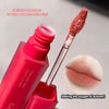 Red fuzzy lip product with applicator and close-up of lips, text on texture and autumn feeling.