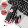 Lipstick and lip gloss on a laptop keyboard with close-up of lips wearing the product.