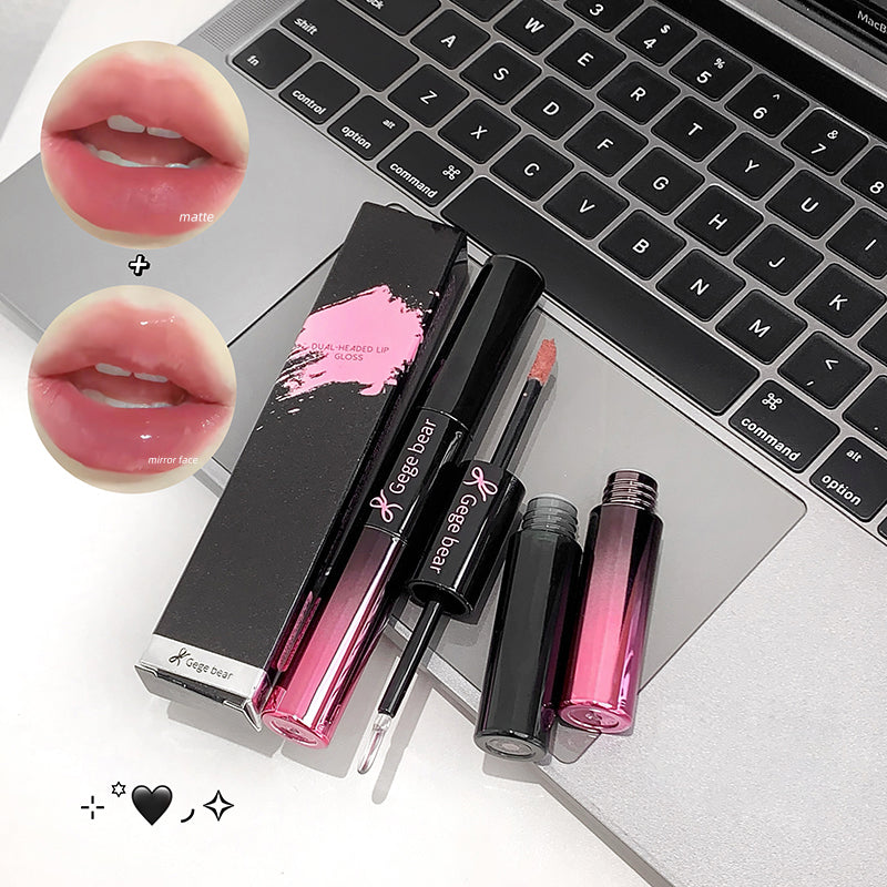 Lipstick and lip gloss on a laptop keyboard with close-up of lips wearing the product.