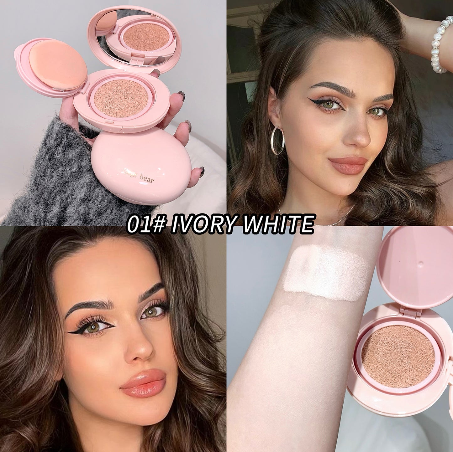 Makeup compact with '01# Ivory White' label, shown on a model and swatched on skin.