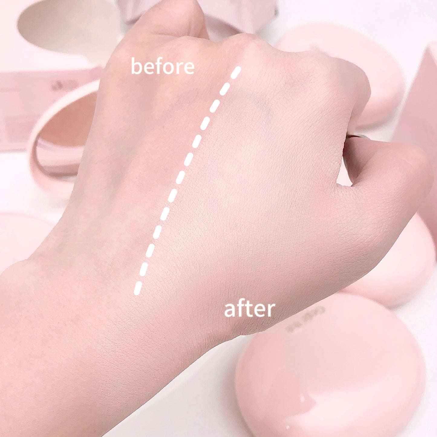 Hand showing before and after effects of a product application with a pink background.