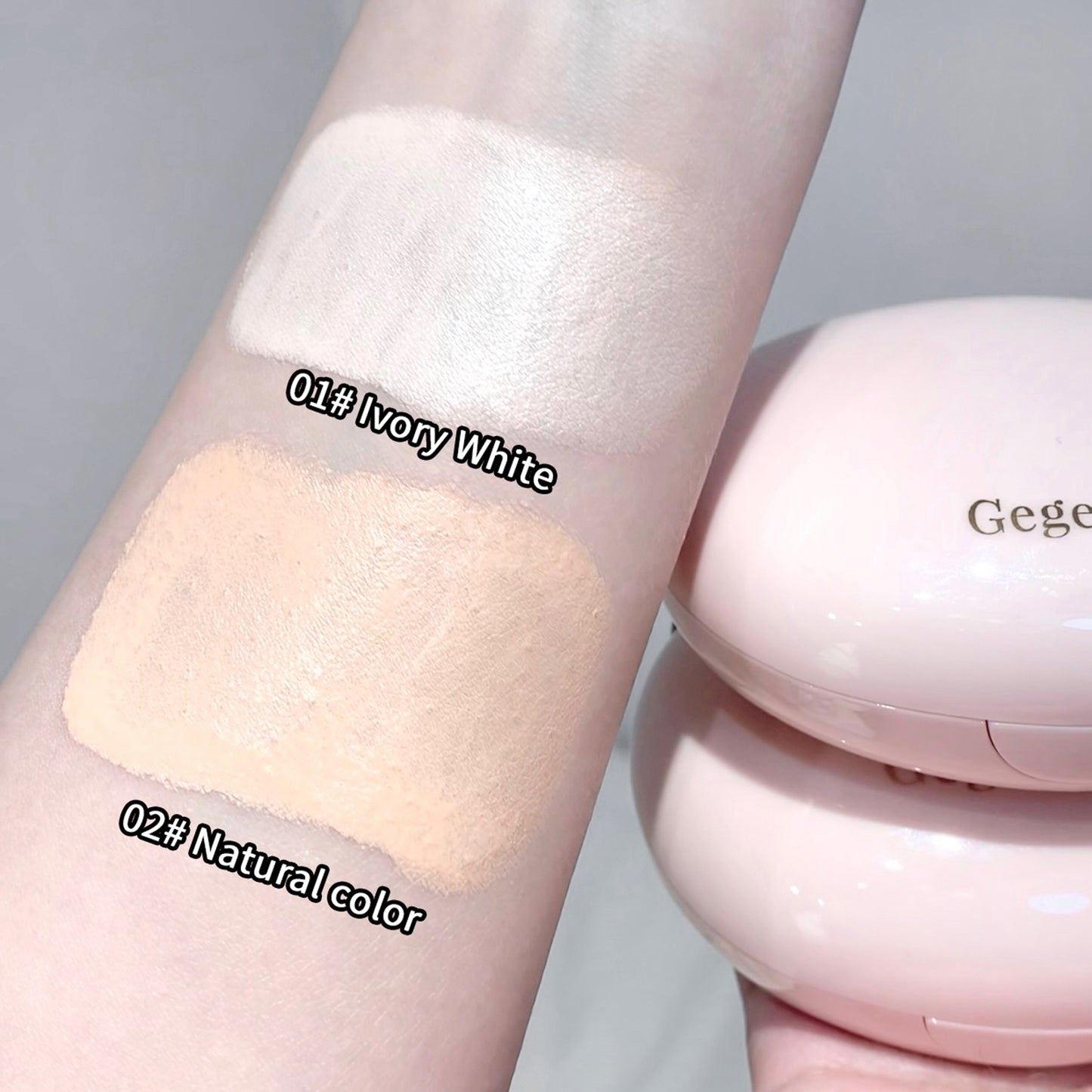 Cosmetic product with swatches on arm labeled '01# Ivory White' and '02# Natural color', brand 'Geege' visible.