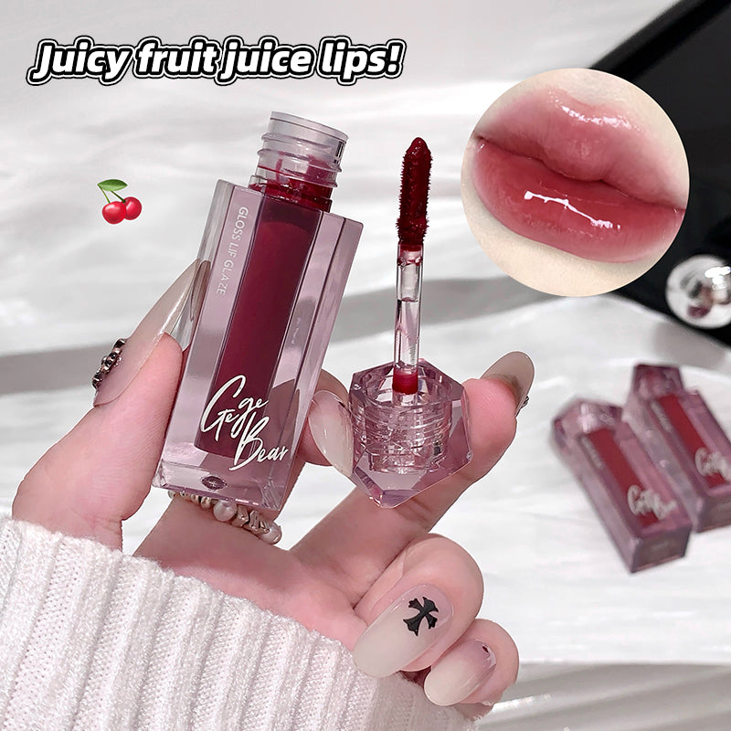 Lip tint with applicator held by a hand, close-up of lips with product, and brand name 'Girl' visible.