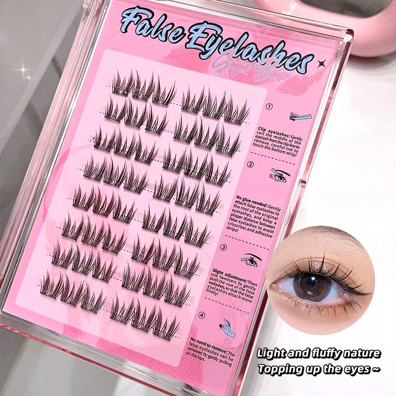 False eyelashes in a pink packaging with an inset of an eye wearing the lashes.