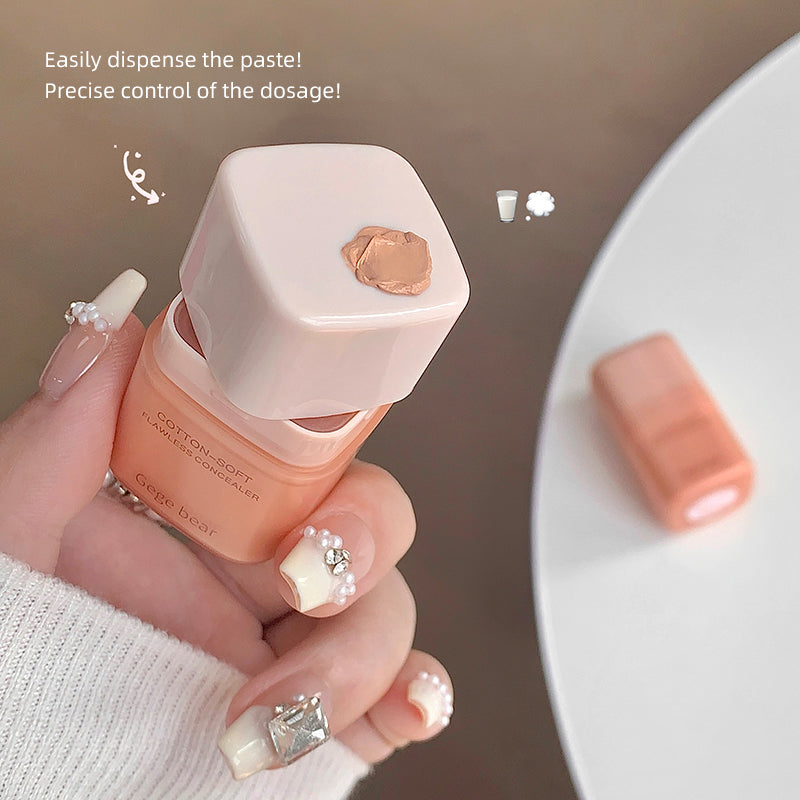 Hand holding a cosmetic product with text about dispensing paste and dosage control.
