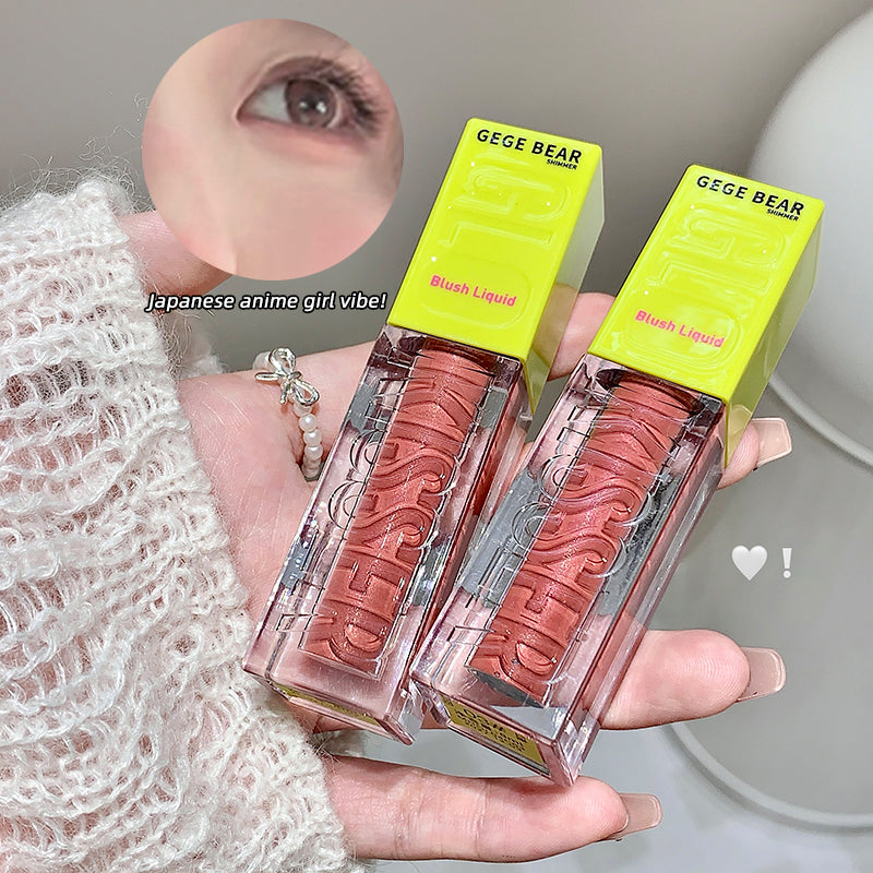 Two blush liquids in packaging held by a person, with 'GEGE BEAR' branding.