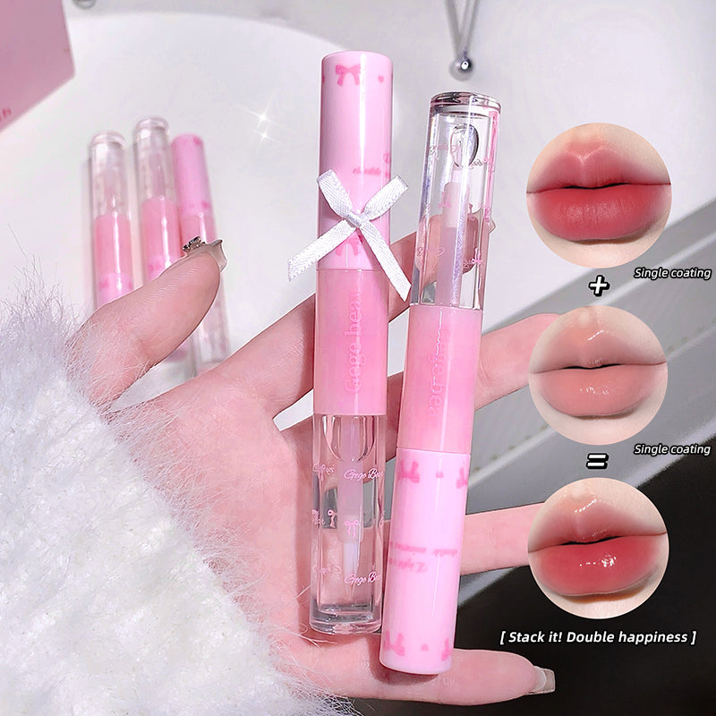 Pink lip gloss with close-up shots of lips wearing the product on a white background