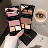 Makeup palette with eyeshadow shades held by a hand, close-up of eye wearing the makeup.