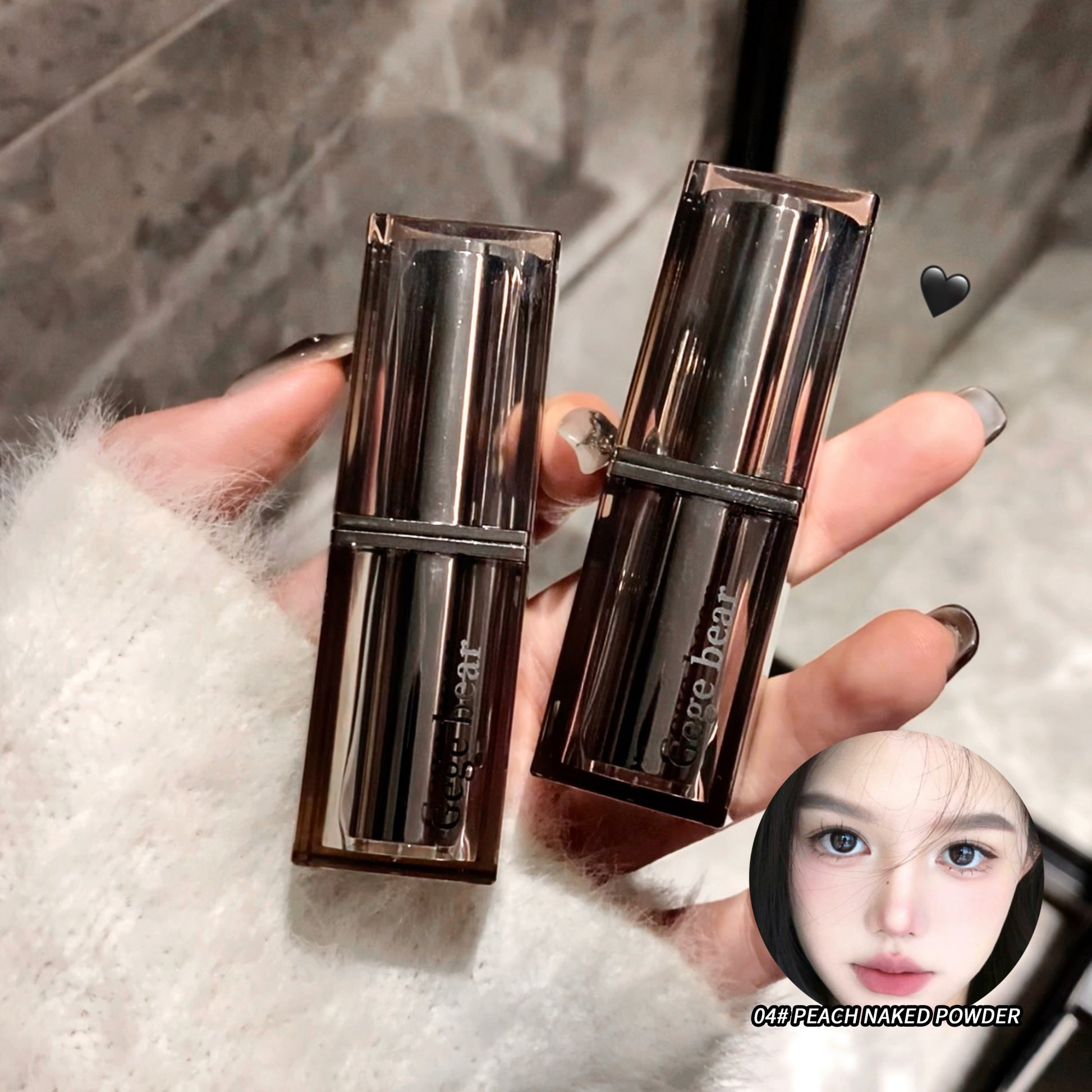 Two makeup products held by a hand with a blurred face inset on a textured background