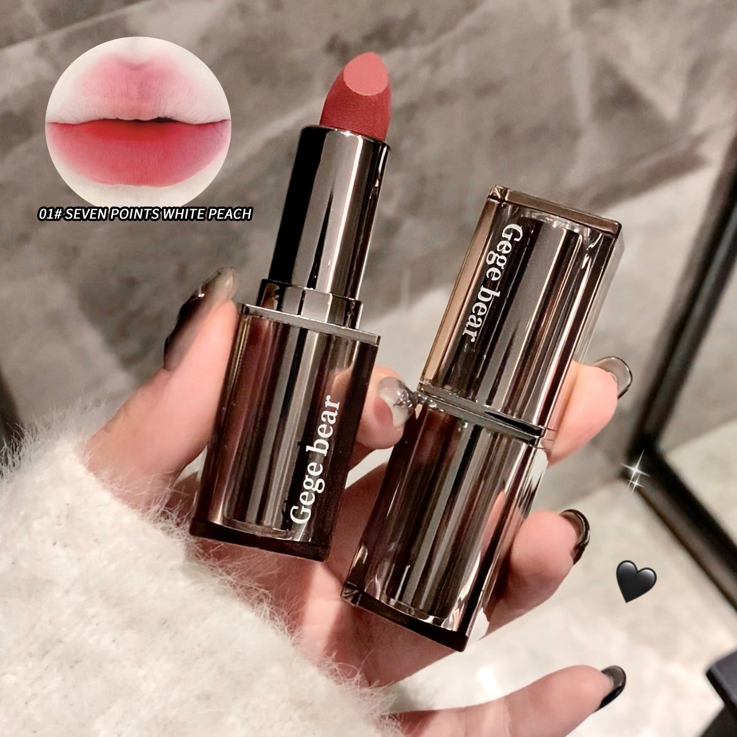 Gege bear lipstick held in a hand with close-up of lipstick color and product name.