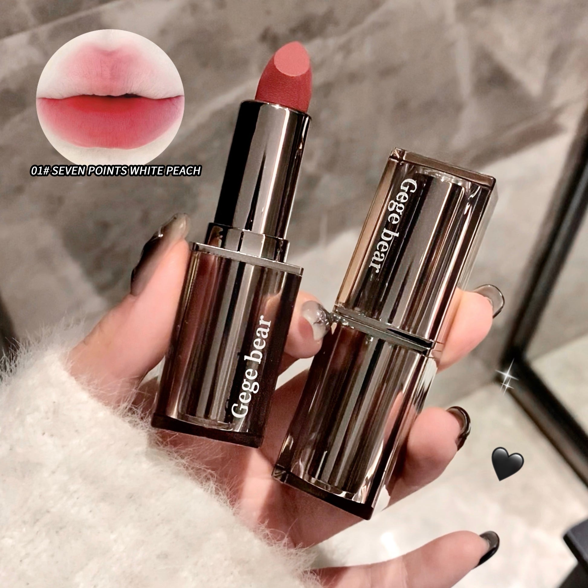 Gege bear lipstick held in a hand with close-up of lipstick color and product name.