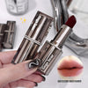 Lipstick with 'Gege bear' branding held by a hand, with a close-up of lips and product name inset.