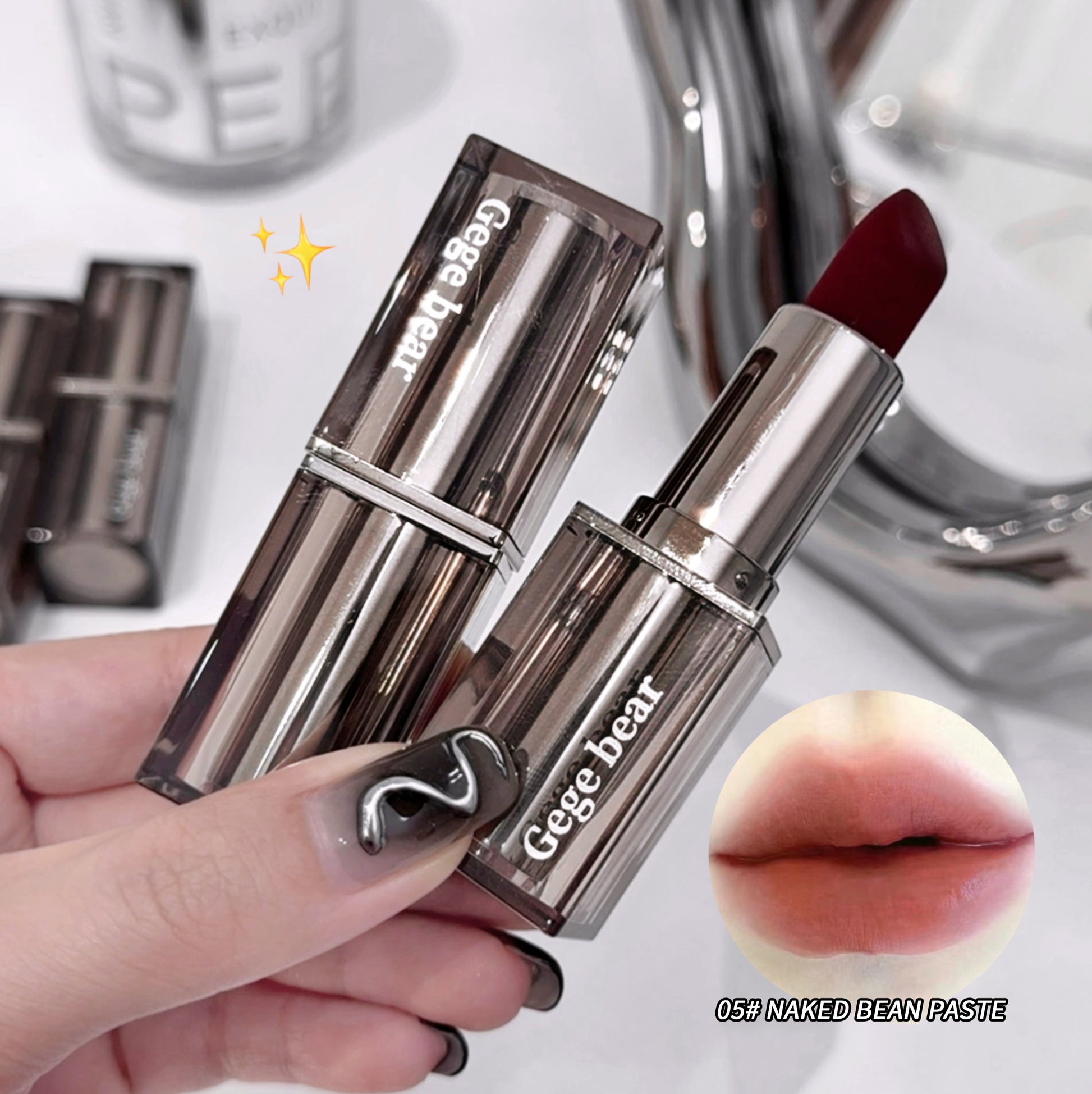 Lipstick with 'Gege bear' branding held by a hand, with a close-up of lips and product name inset.
