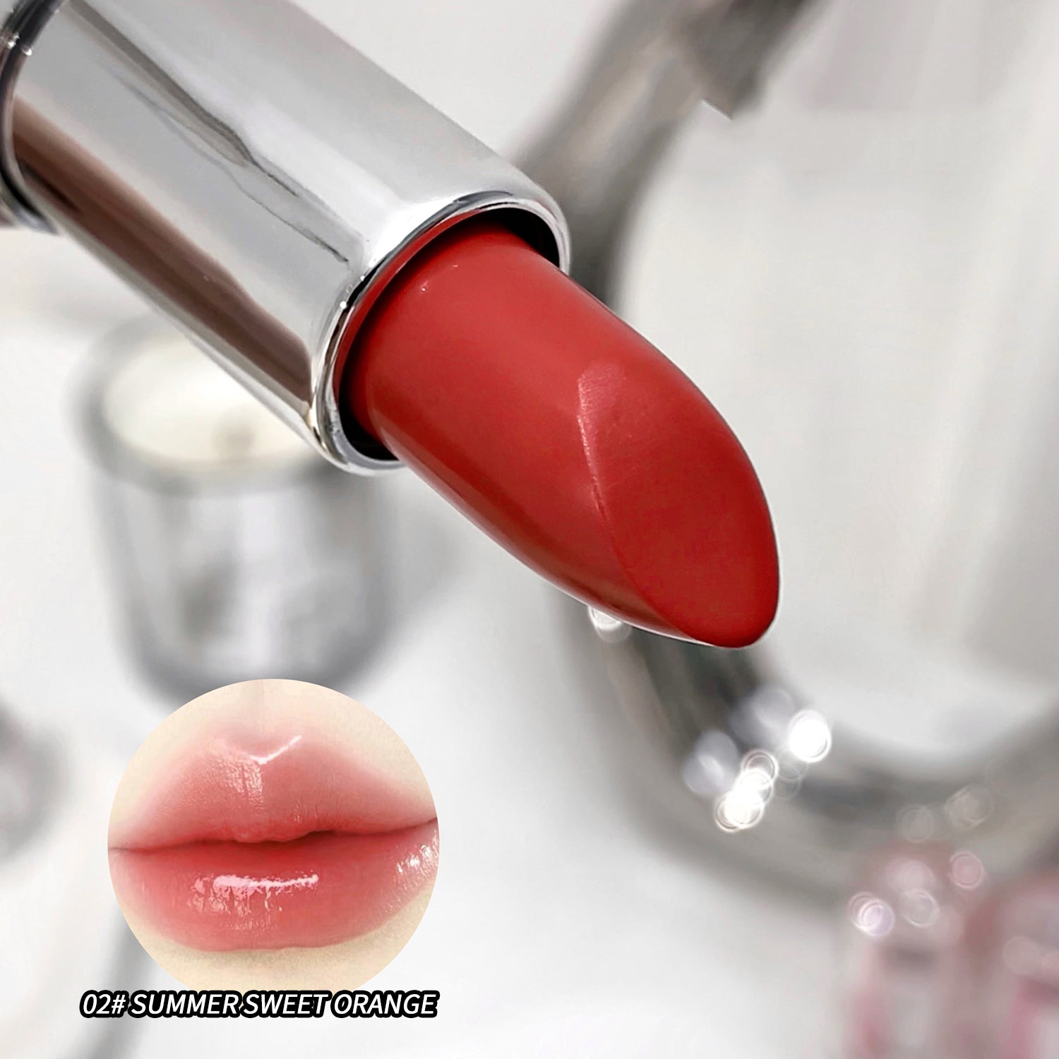 Close-up of a red lipstick with a blurred background