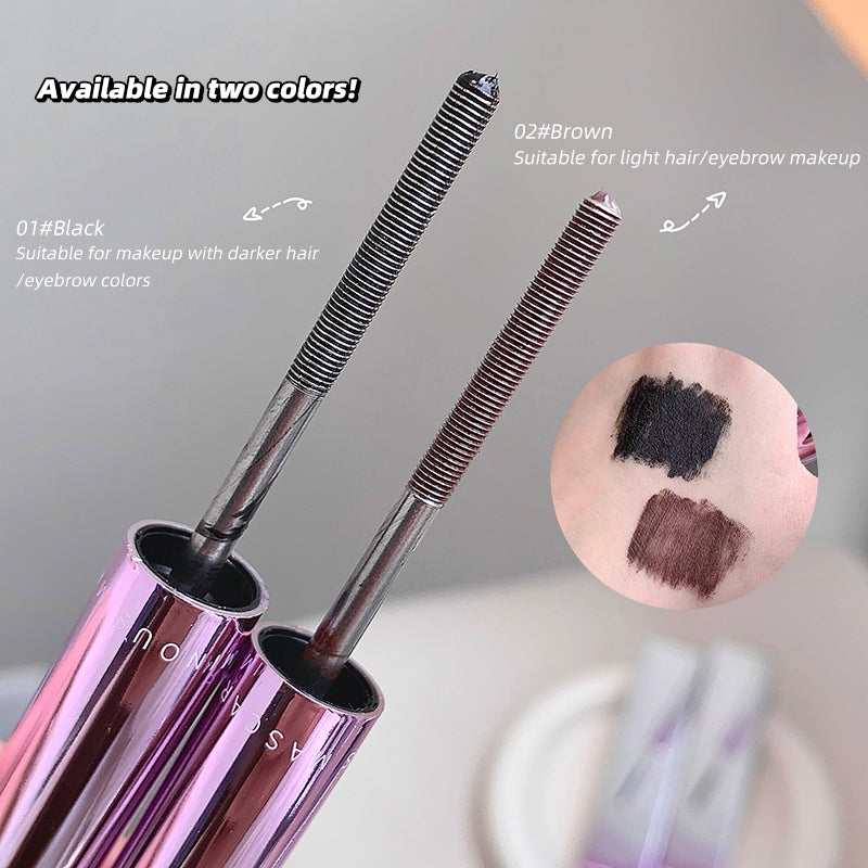 Two makeup brushes with pink handles and black bristles, labeled for color options and hair type suitability.