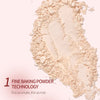 Cosmetic powder with text highlighting features on a light pink background