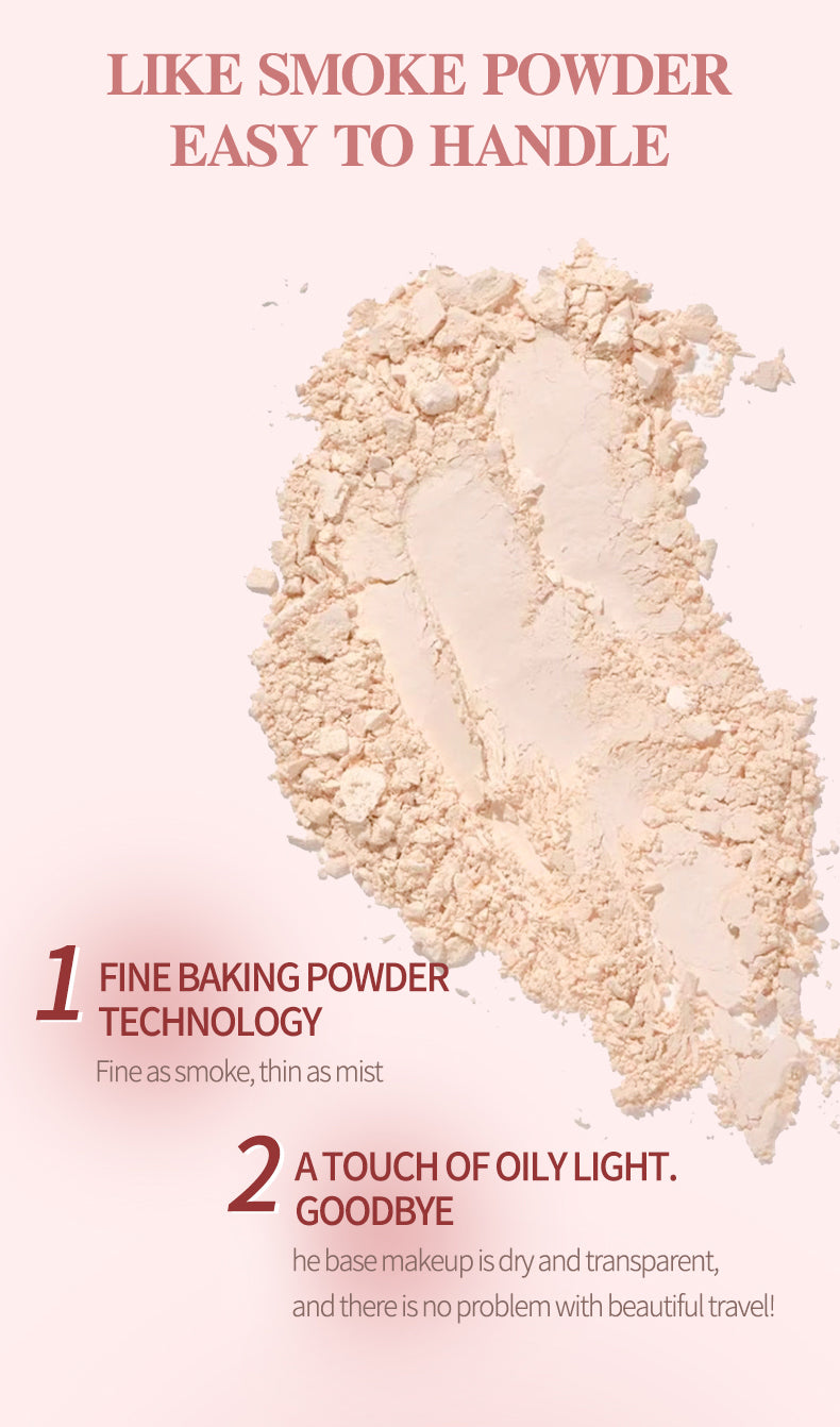 Cosmetic powder with text highlighting features on a light pink background