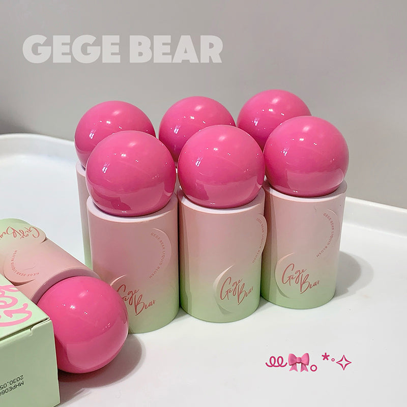 Pink and green bottles with pink caps on a white surface, featuring 'GEGE BEAR' branding.